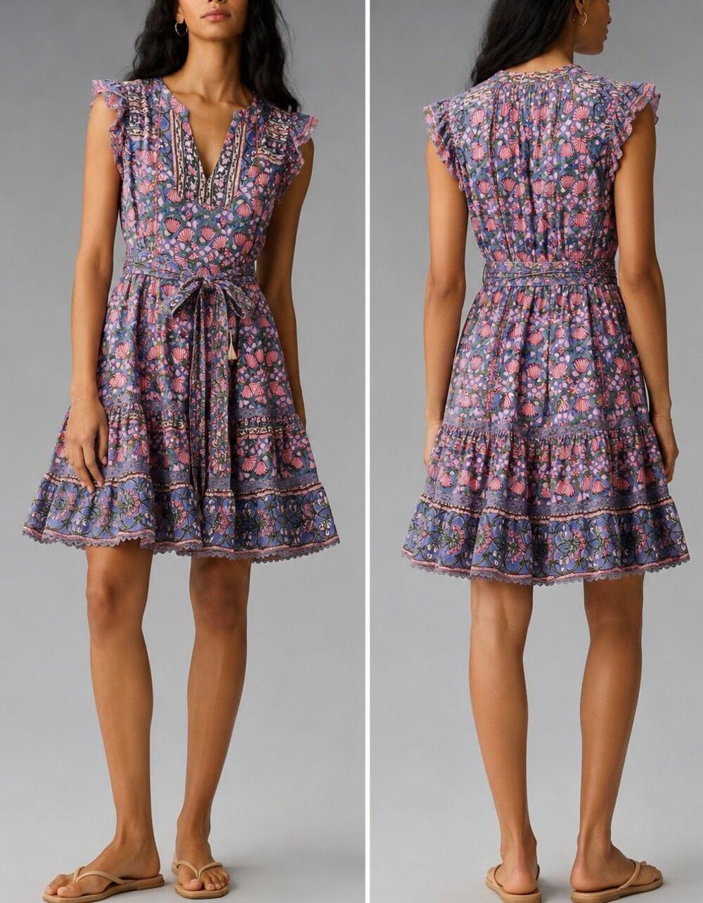 Hunter bell pink block printed beaded tassel tiered dress size M